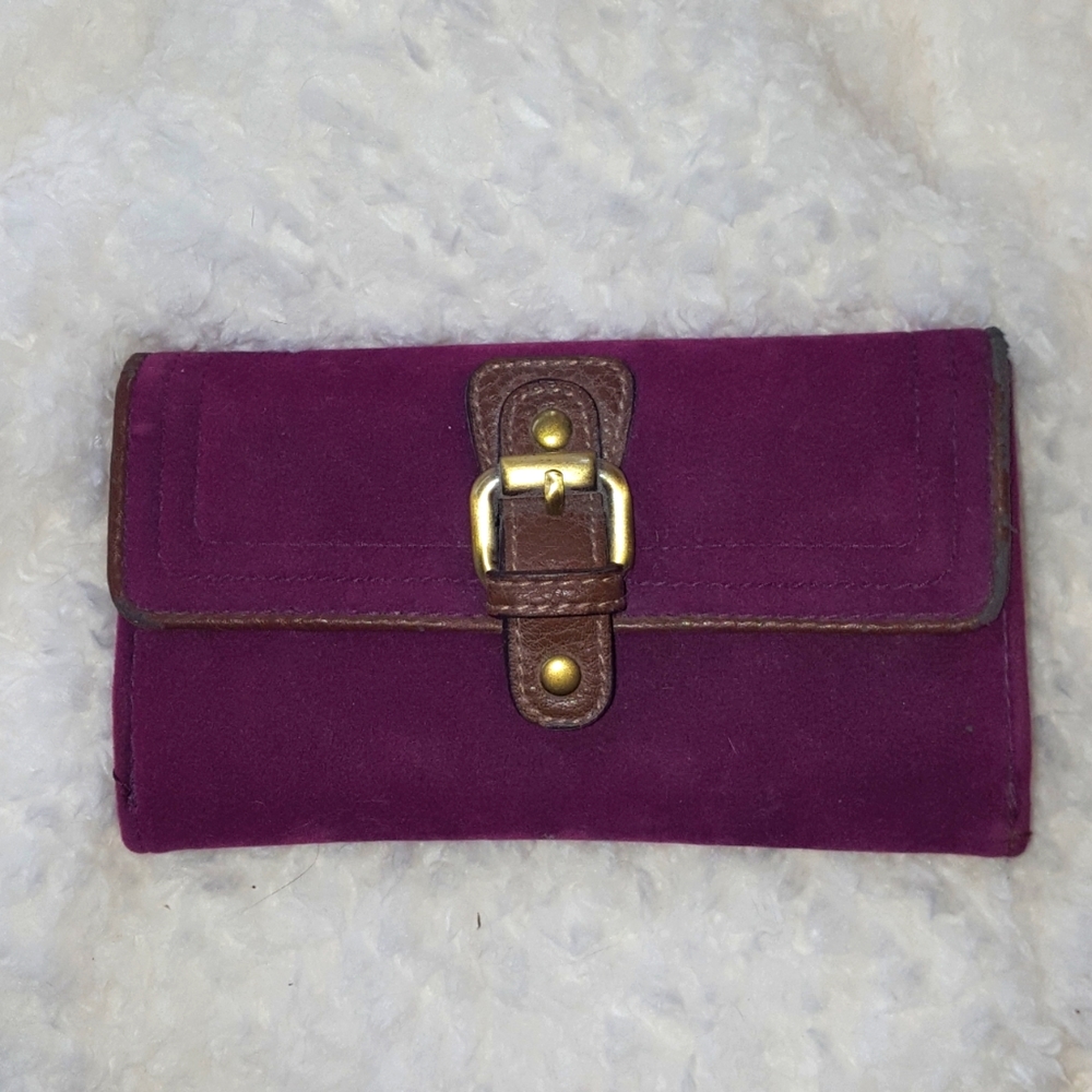 Large size trifold wallet, purple faux velvet, brown/tan faux leather